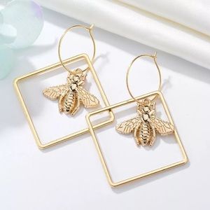 Geometric Gold Color Bumble Bee Drop Hoop Earrings